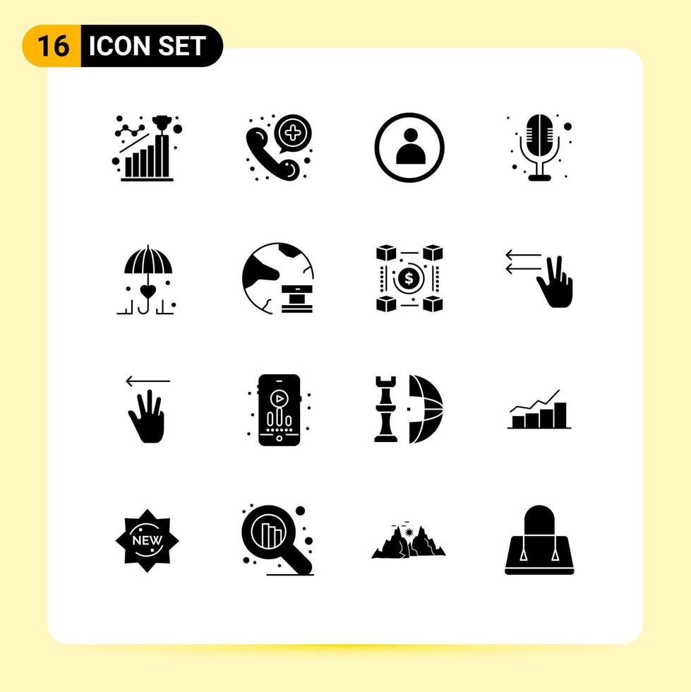 Editable Vector Line Pack of 16 Simple Solid Glyphs of secure insurance telephone sound recorder electronics Editable Vector Design Elements