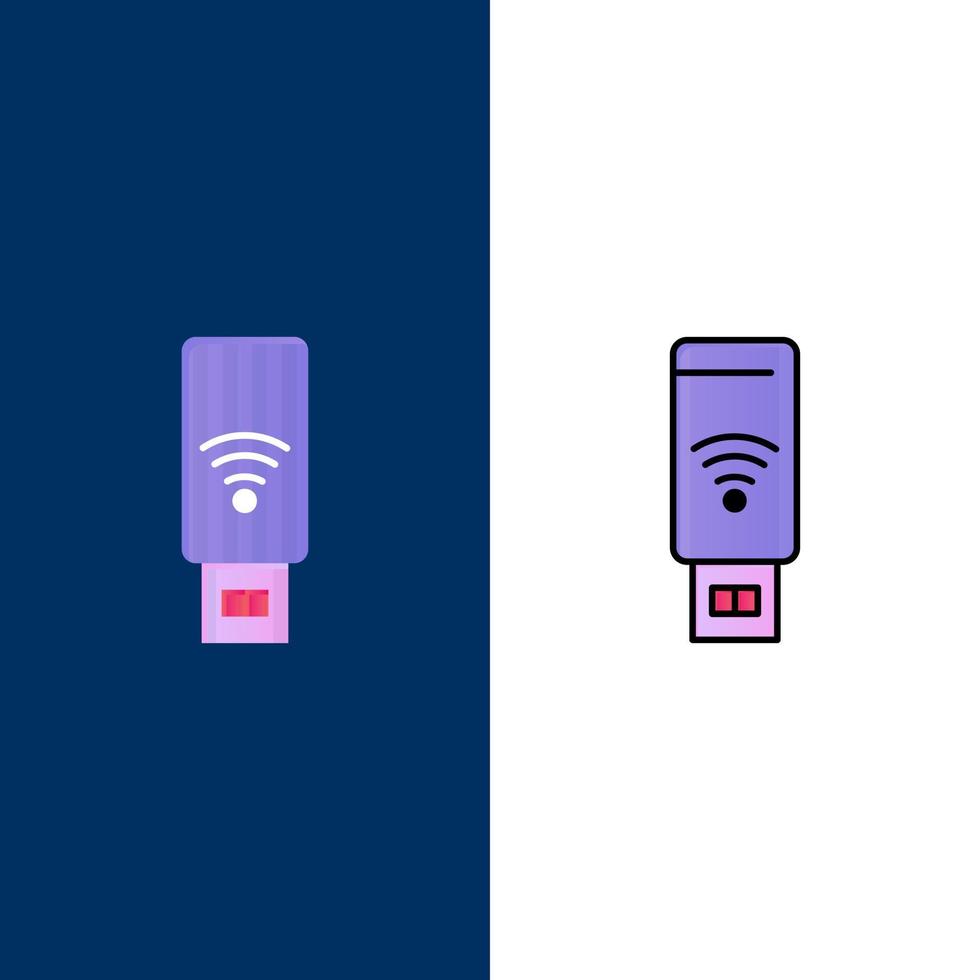 iconos de señal de servicio wifi usb plano y conjunto de iconos llenos de línea vector fondo azul