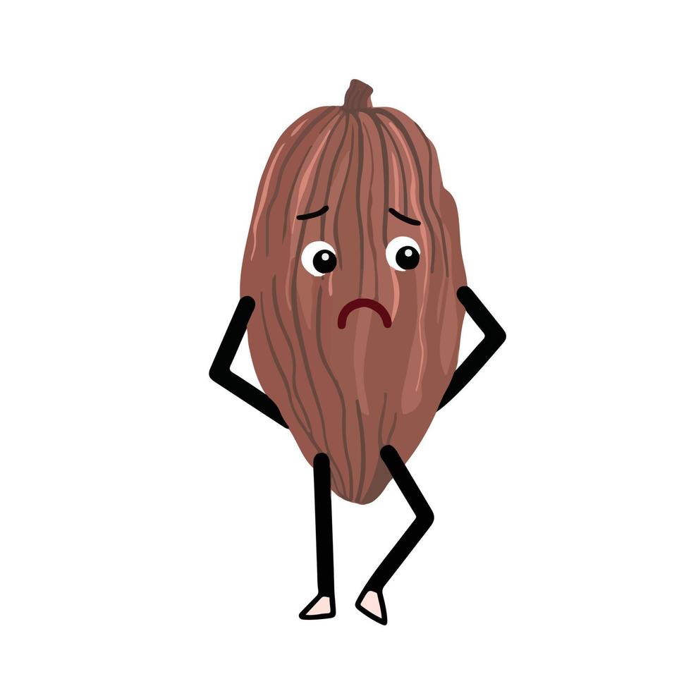 triste chocolate fruta cacao con abatido pose vector ilustración mascota personaje. dibujo plano de dibujos animados aislado sobre fondo blanco liso. ilustraciones de ilustraciones de alimentos.
