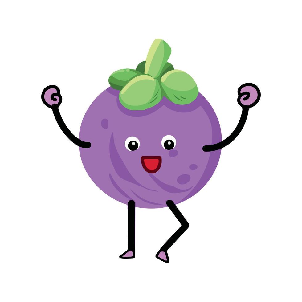 Happy mangosteen purple fruit excited two hands up pose vector character mascot illustration isolated on plain light pink background. Cartoon flat art styled artwork cute and kawaii themed drawing.