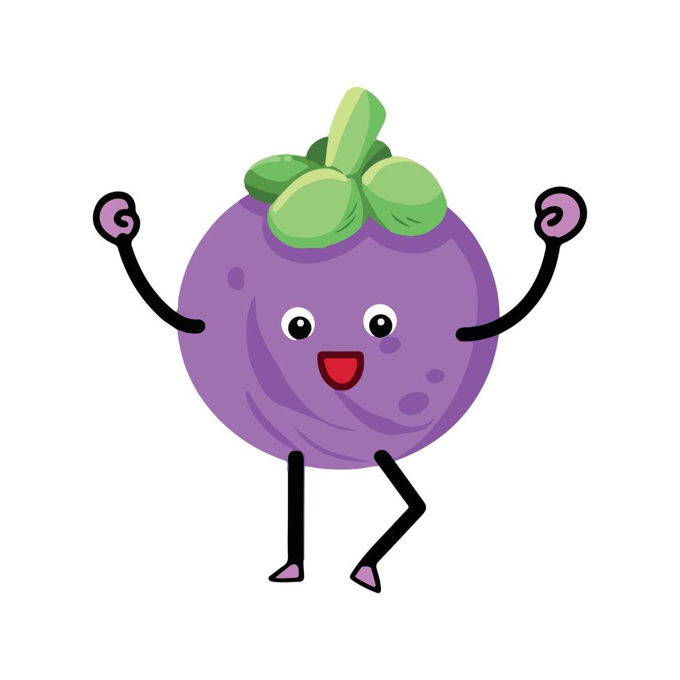 Happy mangosteen purple fruit excited two hands up pose vector character mascot illustration isolated on plain light pink background. Cartoon flat art styled artwork cute and kawaii themed drawing.