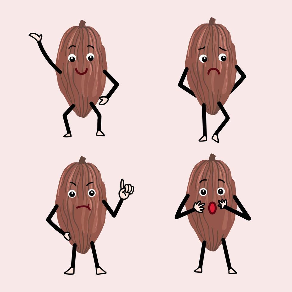 Chocolate fruit bean cacao or cocoa vector illustration. Mascot character with cute expression with happy, sad, mad, and surprised pose. Isolated cartoon flat drawing on light brown background.