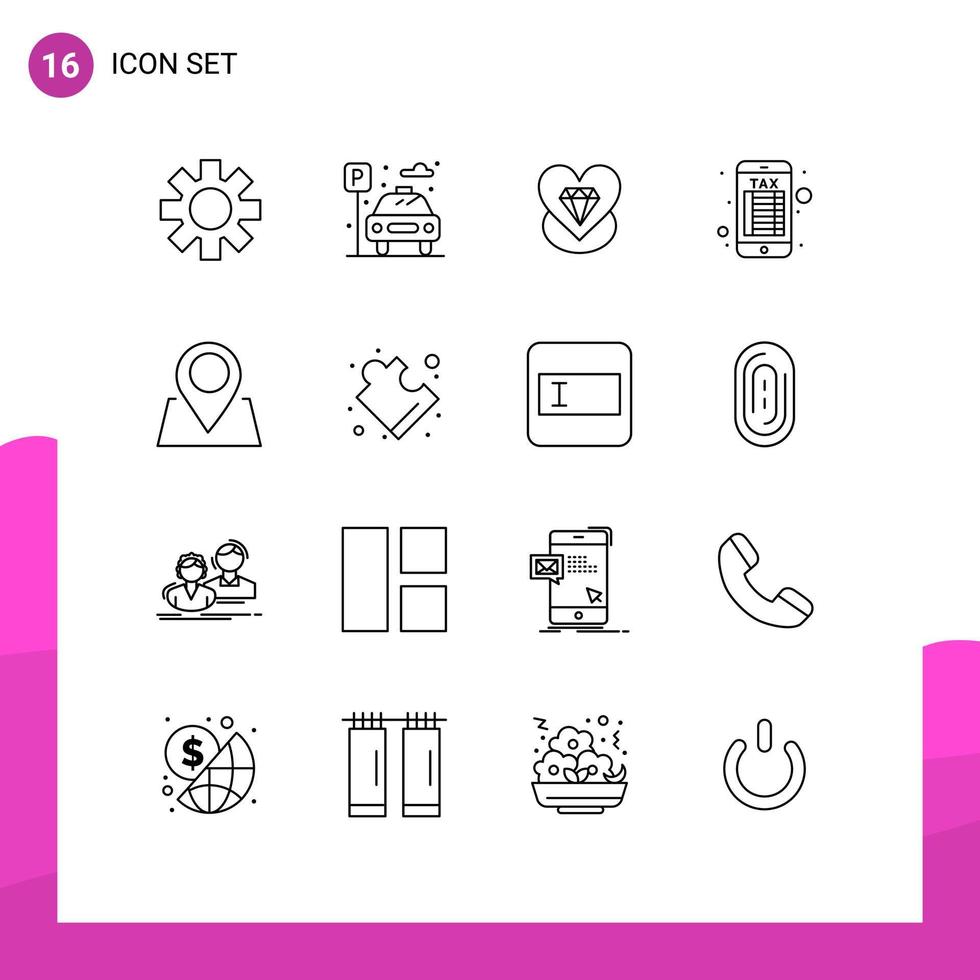Pack of 16 creative Outlines of complex marker love location online banking Editable Vector Design Elements