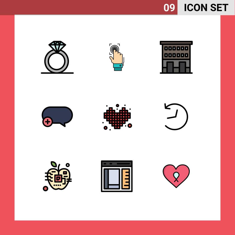 Mobile Interface Filledline Flat Color Set of 9 Pictograms of add comment scanning chat shop front Editable Vector Design Elements