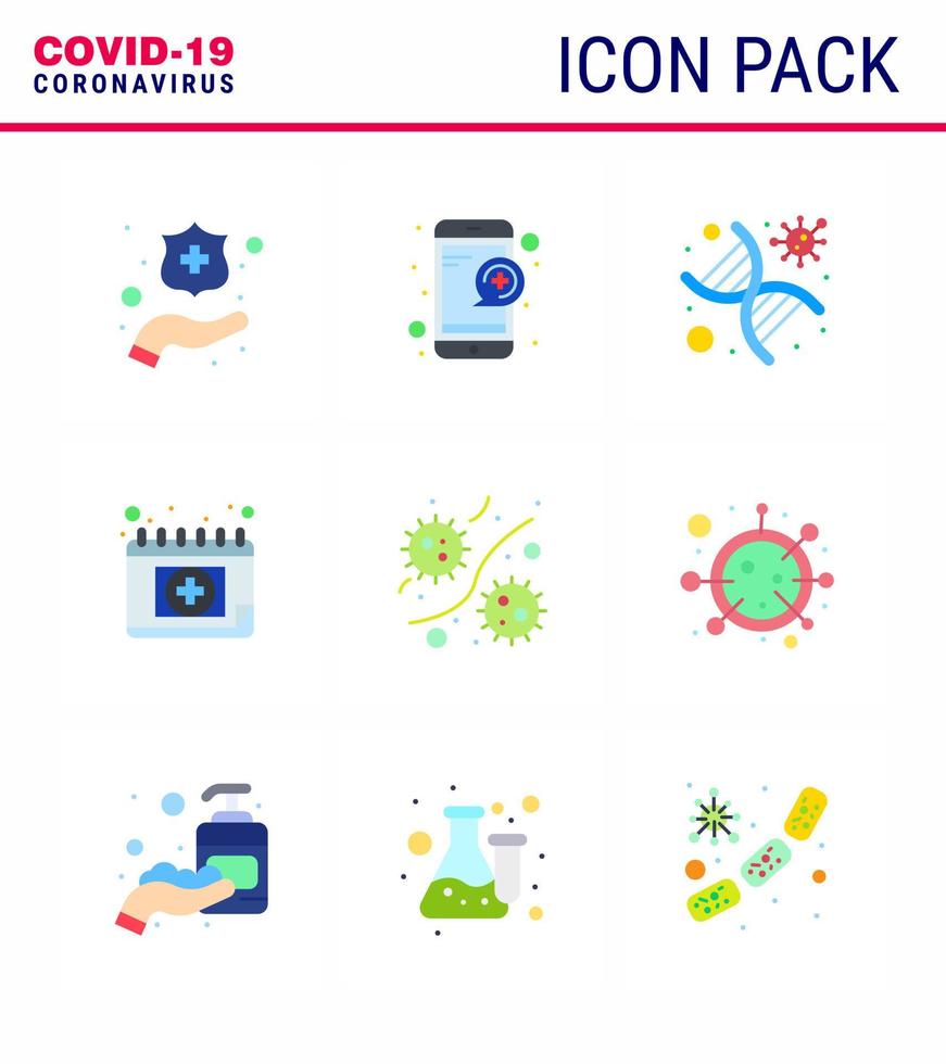 iconos de conciencia de coronavirus 9 icono de color plano relacionado con la gripe del virus de la corona, como gérmenes, agenda, genética, cita médica, coronavirus viral 2019nov, elementos de diseño de vectores de enfermedad