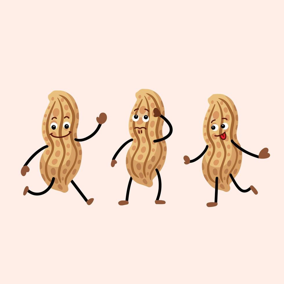 Peanut vector character with multiple trio face and body expression mascot. Food illustration with funny cartoon simple flat style isolated on plain background.