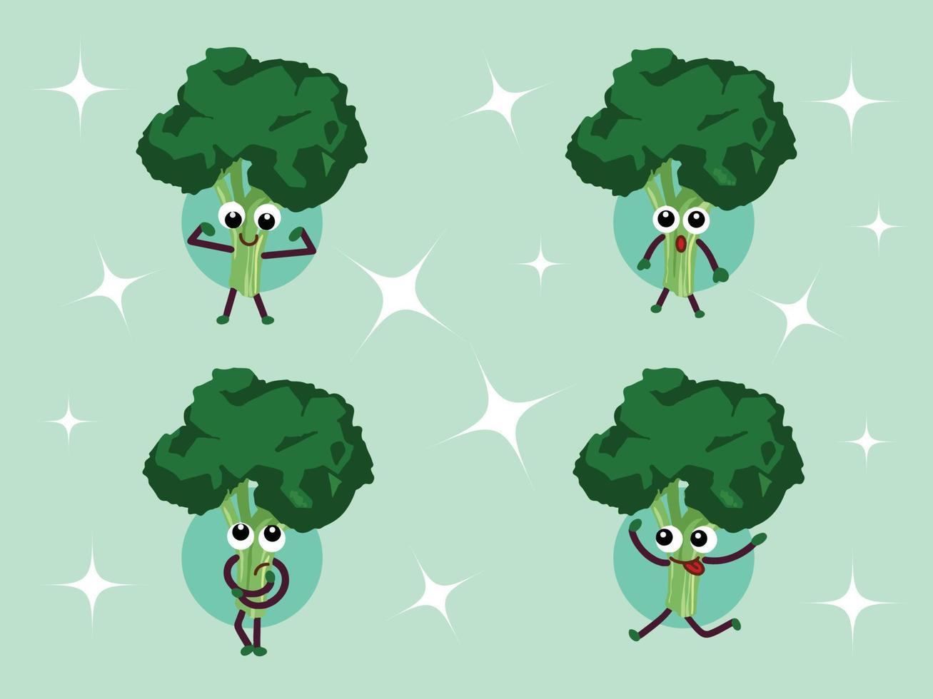 Green broccoli vegetable character mascot set collection vector illustration with various body language and facial expressions. Cartoon comic cute kawaii drawing isolated on plain background