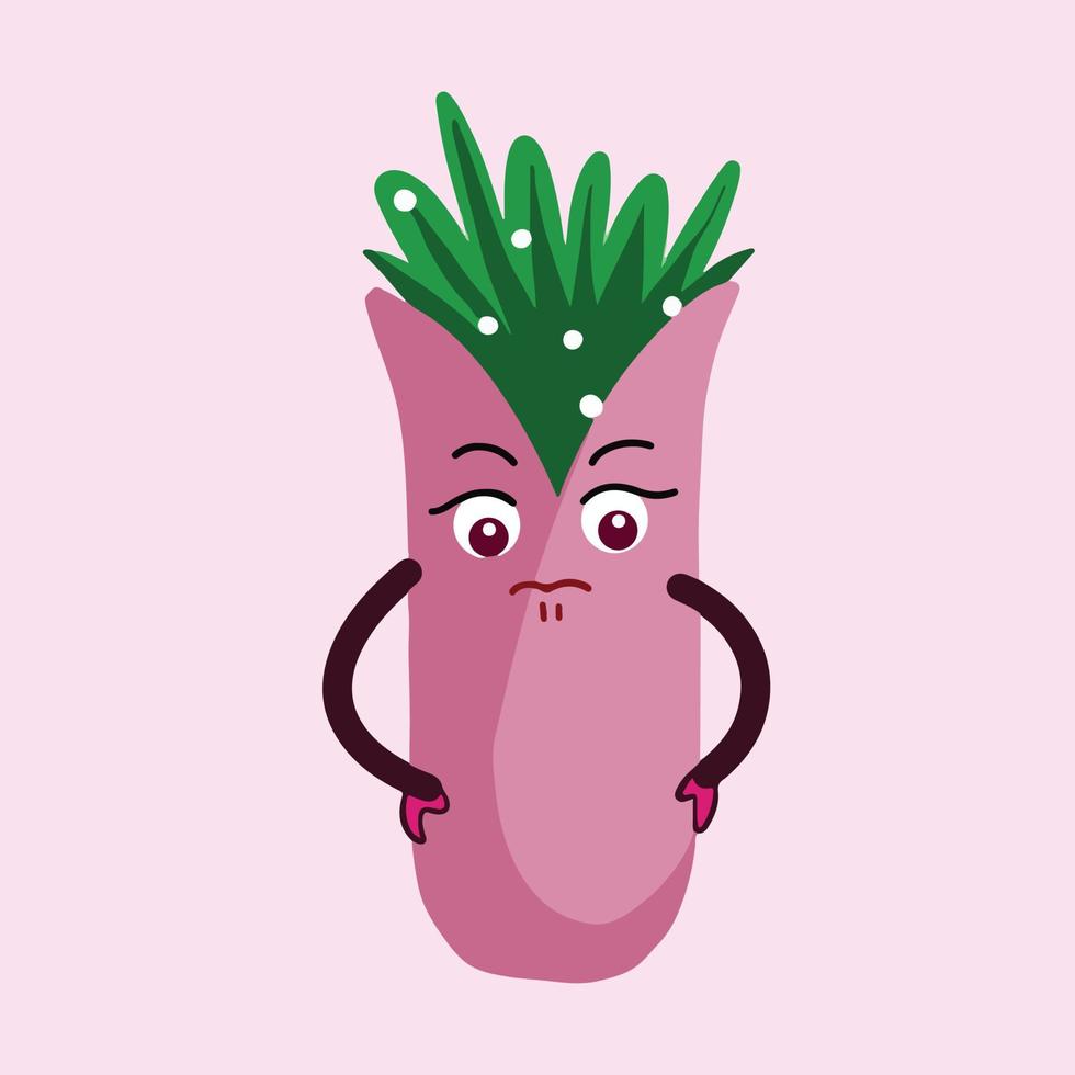 florero loco y decepcionado con hojas verdes carácter vector ilustración mascota aislado sobre fondo rosa liso. lindo dibujo kawaii con estilo de arte cómico de dibujos animados. ilustraciones simples y planas.