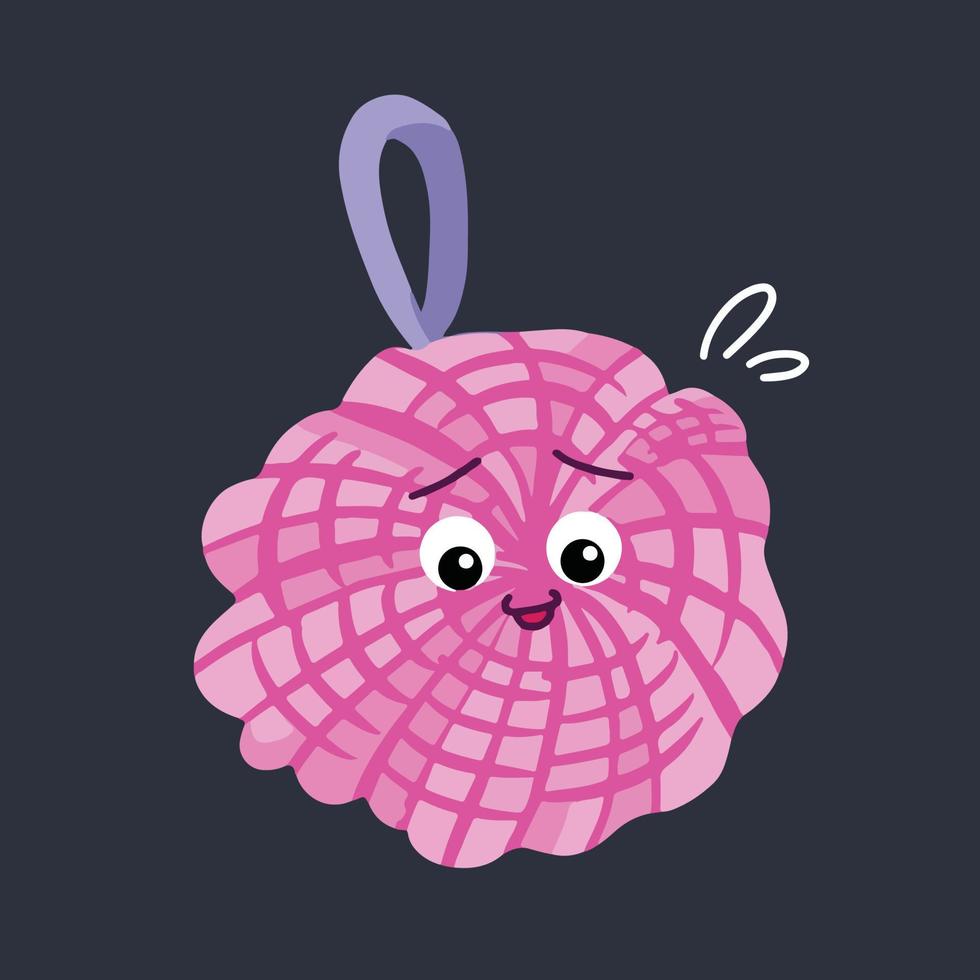 Cute pink bath scrub sponge character with worried and concerned mascots vector illustration isolated on dark background. Comic cartoon characters with simple flat art colors and sweat decoration.