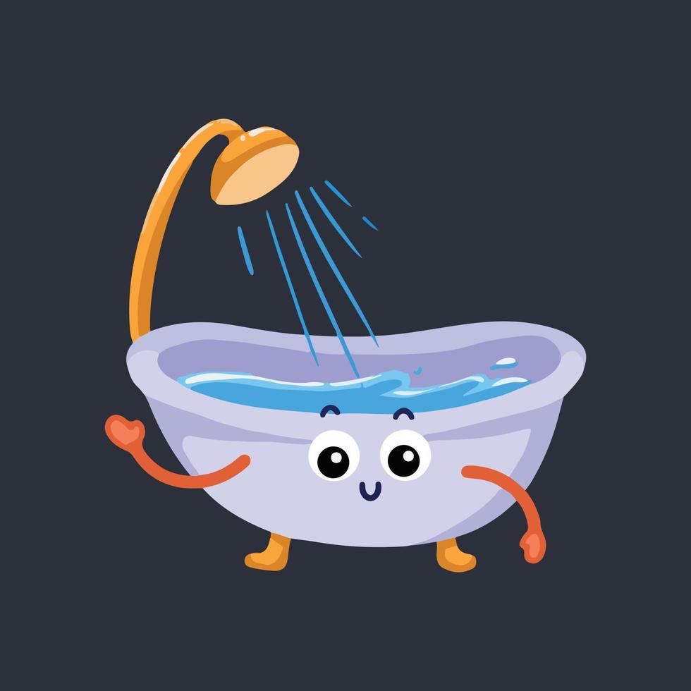 Cute happy and smiling bathtub character mascot with waving pose vector illustration isolated on dark background. Hygiene themed cartoon comic flat art characters with colors.