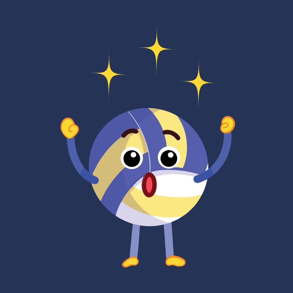 Excited sport volley ball character mascot with facial expression and body gesture vector illustration with stars decor isolated on plain dark blue background. Comic art style with simple flat color.