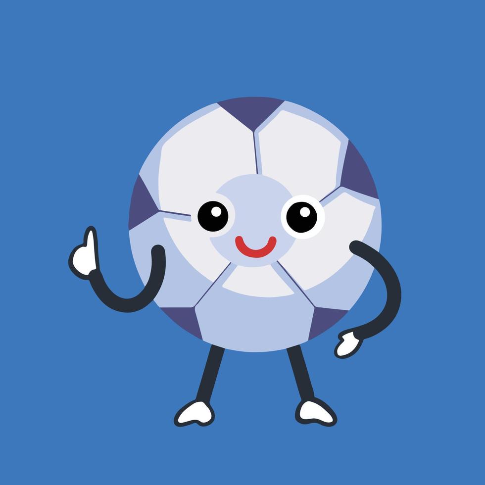 mascota de personaje de pelota de fútbol deportiva sonriente con expresión facial y gesto corporal. ilustración vectorial con estilo de arte simple plano cómico de dibujos animados aislado sobre fondo azul claro. vector
