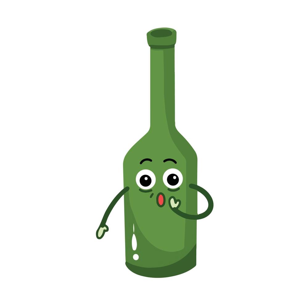 Surprised and astonished alcohol booze green bottle character mascot vector illustration drawing isolated on white background. Bottle character comic with simple flat cartoon art style.