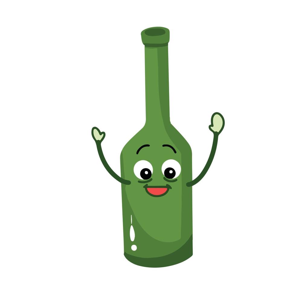 Happy and excited alcohol booze green bottle character mascot vector illustration drawing isolated on white background. Bottle character comic with simple flat cartoon art style.