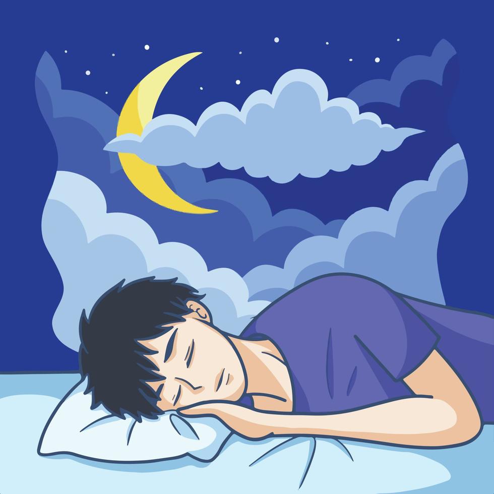 Sleeping male person with blue shirt and black hair on light blue bed with dark night blue sky background. Moon and clouds. Cartoon manga art style with simple and clean flat line art. Full colored. vector