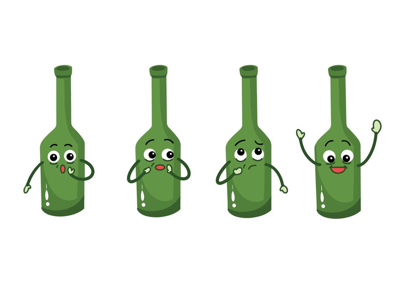 Four sets collection of alcohol booze green bottle character mascot vector illustration drawing isolated on white background. Bottle character comic with simple flat cartoon art style. Multiple faces.