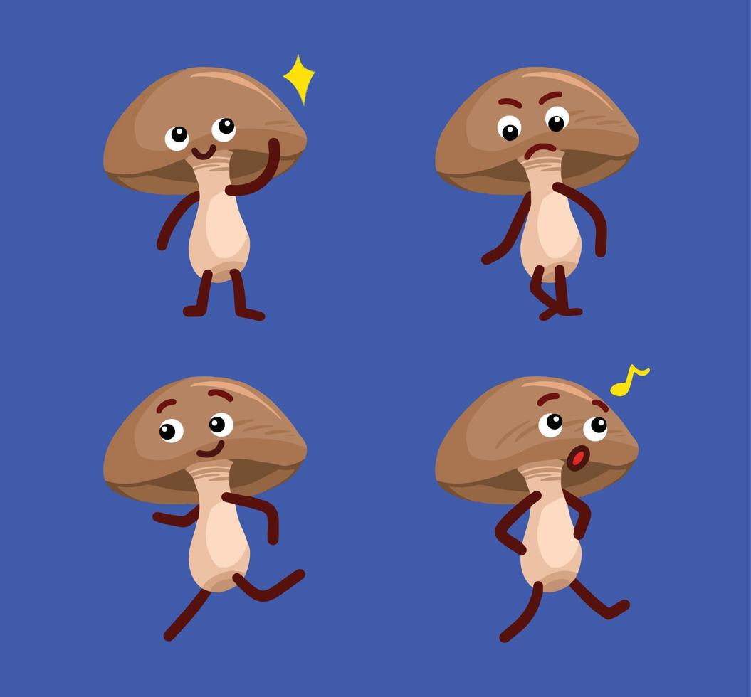 Four whole raw shitake mushroom fungi character vector illustration set collection isolated on dark blue background. Food ingredients drawing with cartoon comic flat art style.