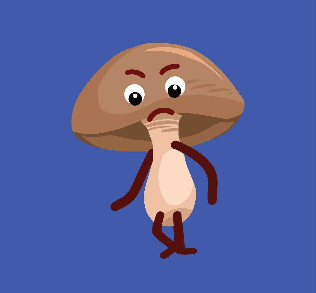 Angry mad face expression whole raw shitake mushroom fungi character vector illustration isolated on dark blue background. Food ingredients drawing with cartoon comic flat art style.