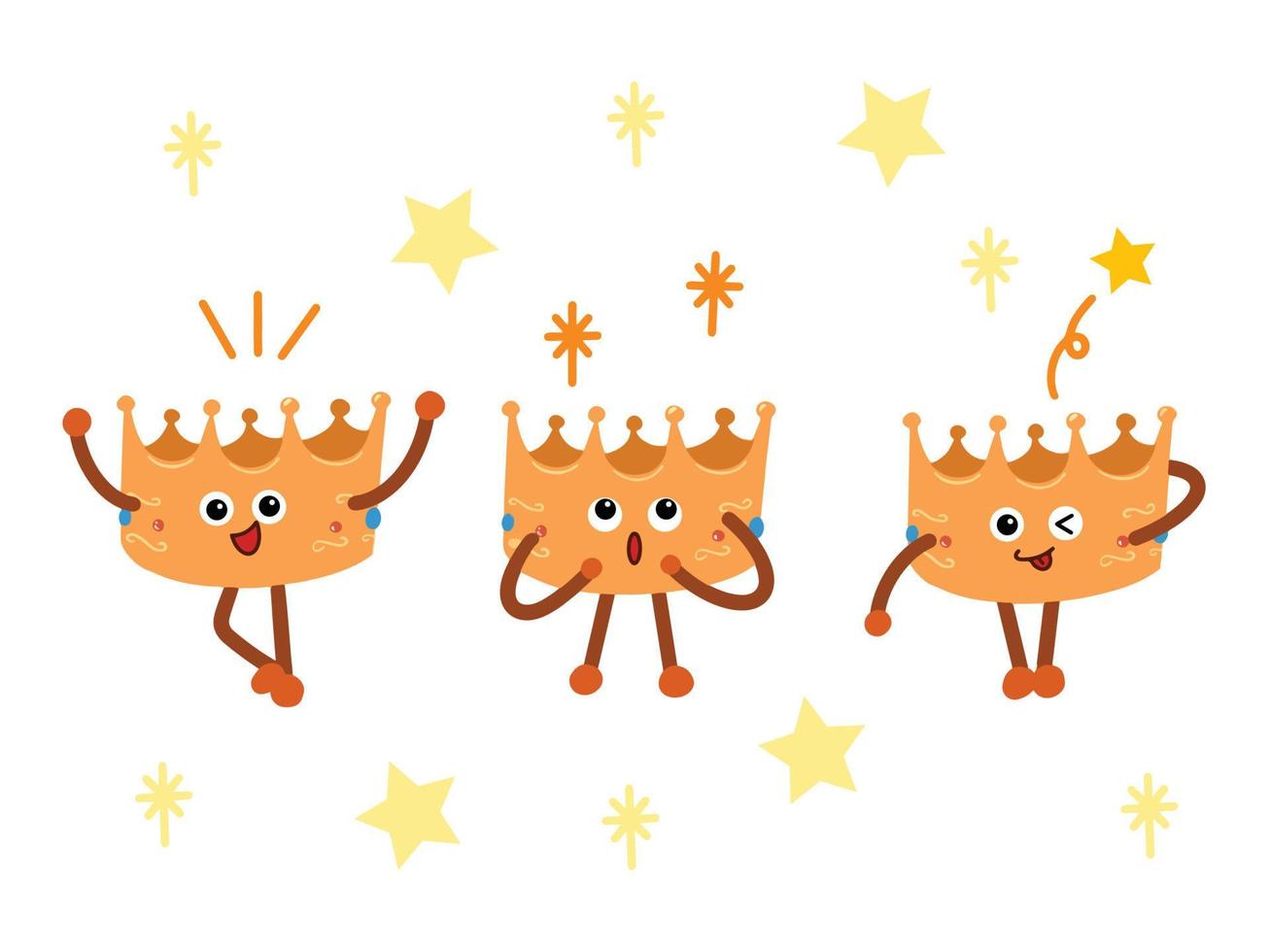 Gold king's crown character mascot with facial expression and body gesture vector illustration isolated on plain white background. Cartoon comic art with simple flat art style.