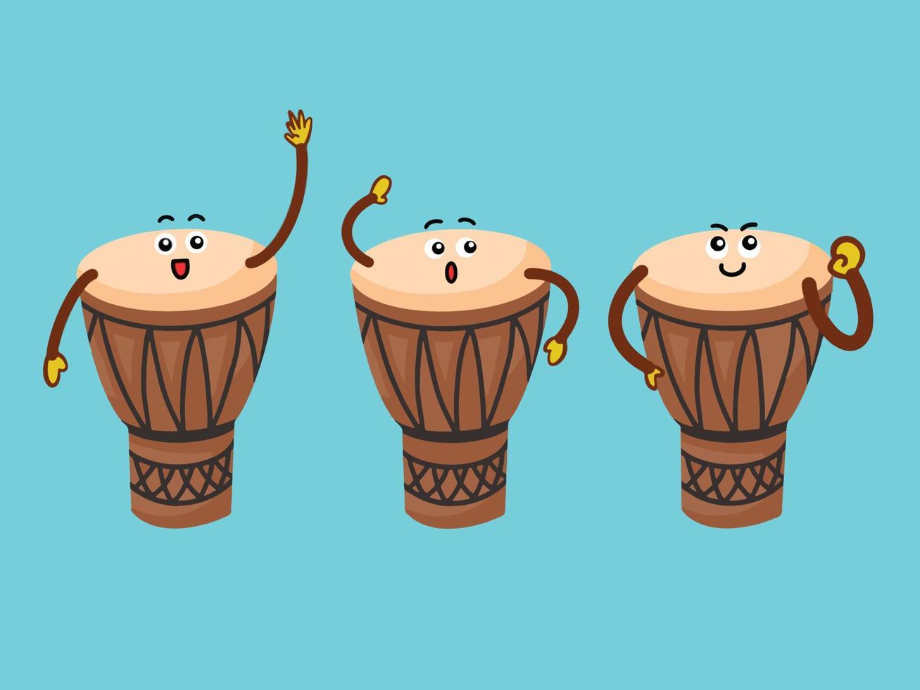 Brown traditional musical drum set character mascot vector illustration collection isolated on blue green background. Cartoon comic vector art with simple and flat art style.