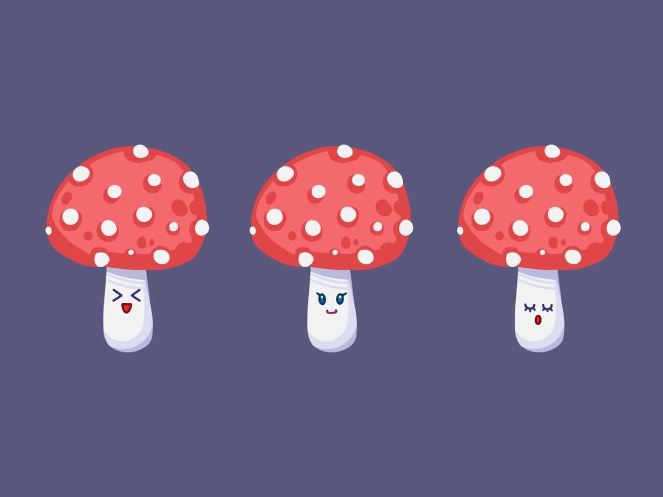 Sets of three red wild pretty forest mushroom vector avatar character mascot illustration isolated on plain dark gray background. Kawaii cute character drawing with cartoon flat art style.