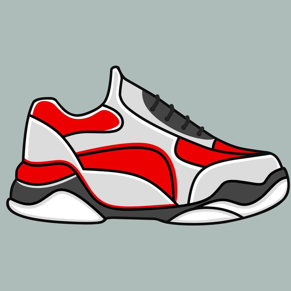 Vector illustration of men's sneakers with thick soles. Side view of modern and trendy sport footwear. Colorful illustration of stylish footwear isolated on gray background.
