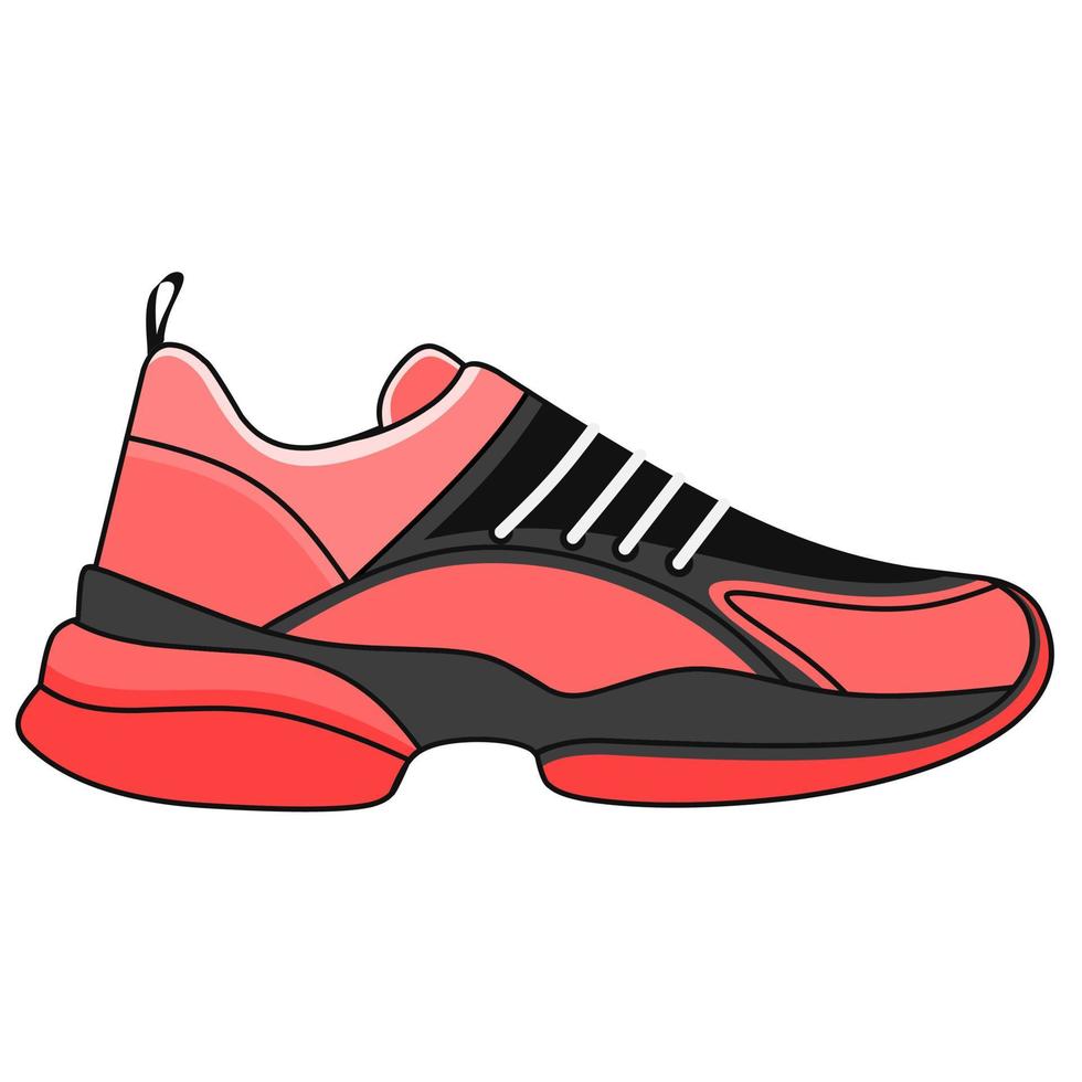 Illustration of sneakers with high soles. Side view of modern and trendy sport footwear. Red colored illustration of stylish footwear isolated on white background. vector