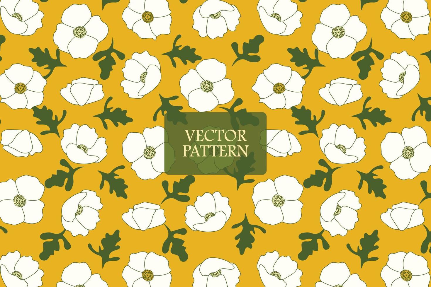 pétalos blancos de una flor de amapola con hojas verdes sobre un fondo amarillo abstracto patrón de repetición sin fisuras vector