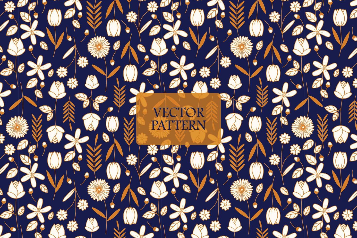 White and gold flower garden abstract on a dark blue background. Seamless repeat vector pattern