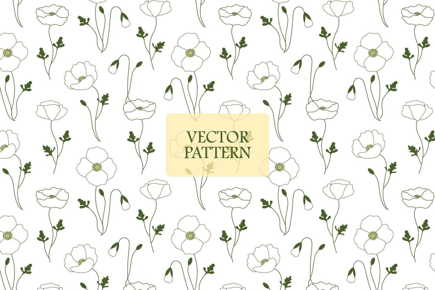 Outline poppy white flower blooming floral abstract white background seamless repeat pattern vector