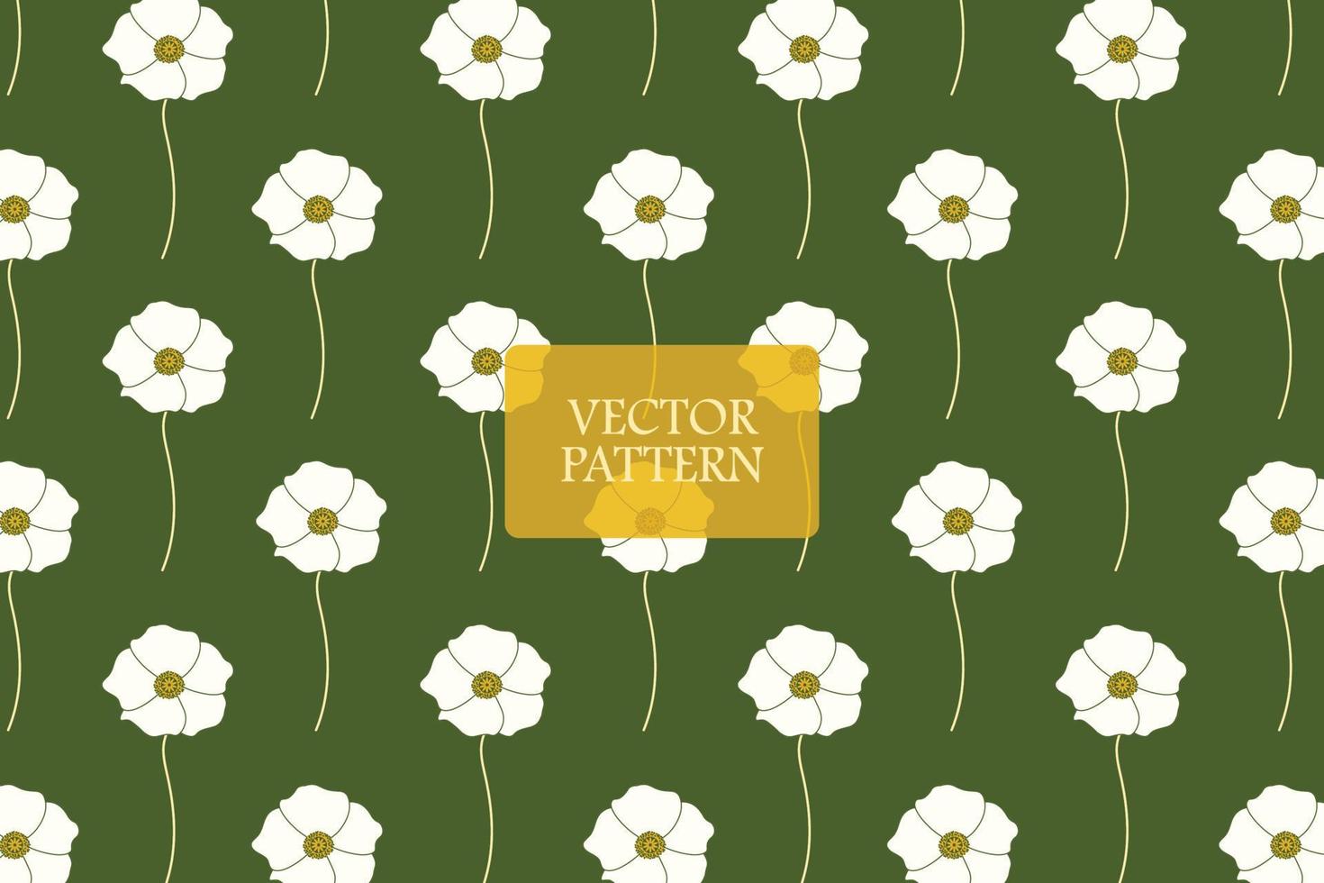 White poppy flower green background abstract floral seamless repeat vector pattern