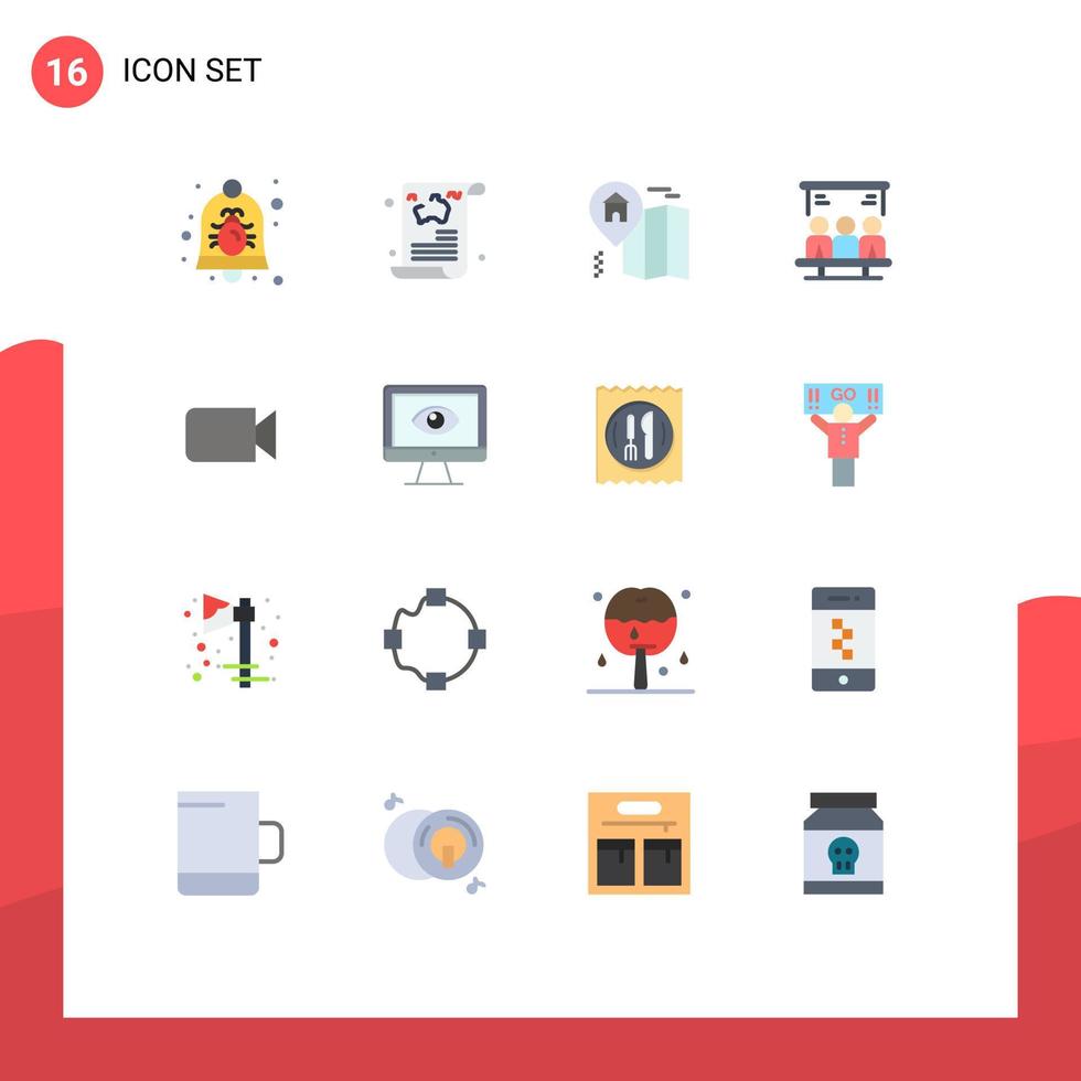 Group of 16 Flat Colors Signs and Symbols for camera technology travel search map Editable Pack of Creative Vector Design Elements