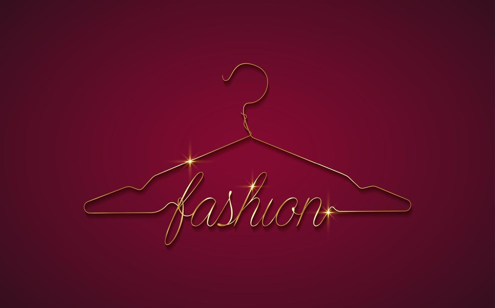 Creative fashion logo design. Gold vector sign with lettering and hanger symbol. Metallic Logotype calligraphy in line art style isolated on purple background