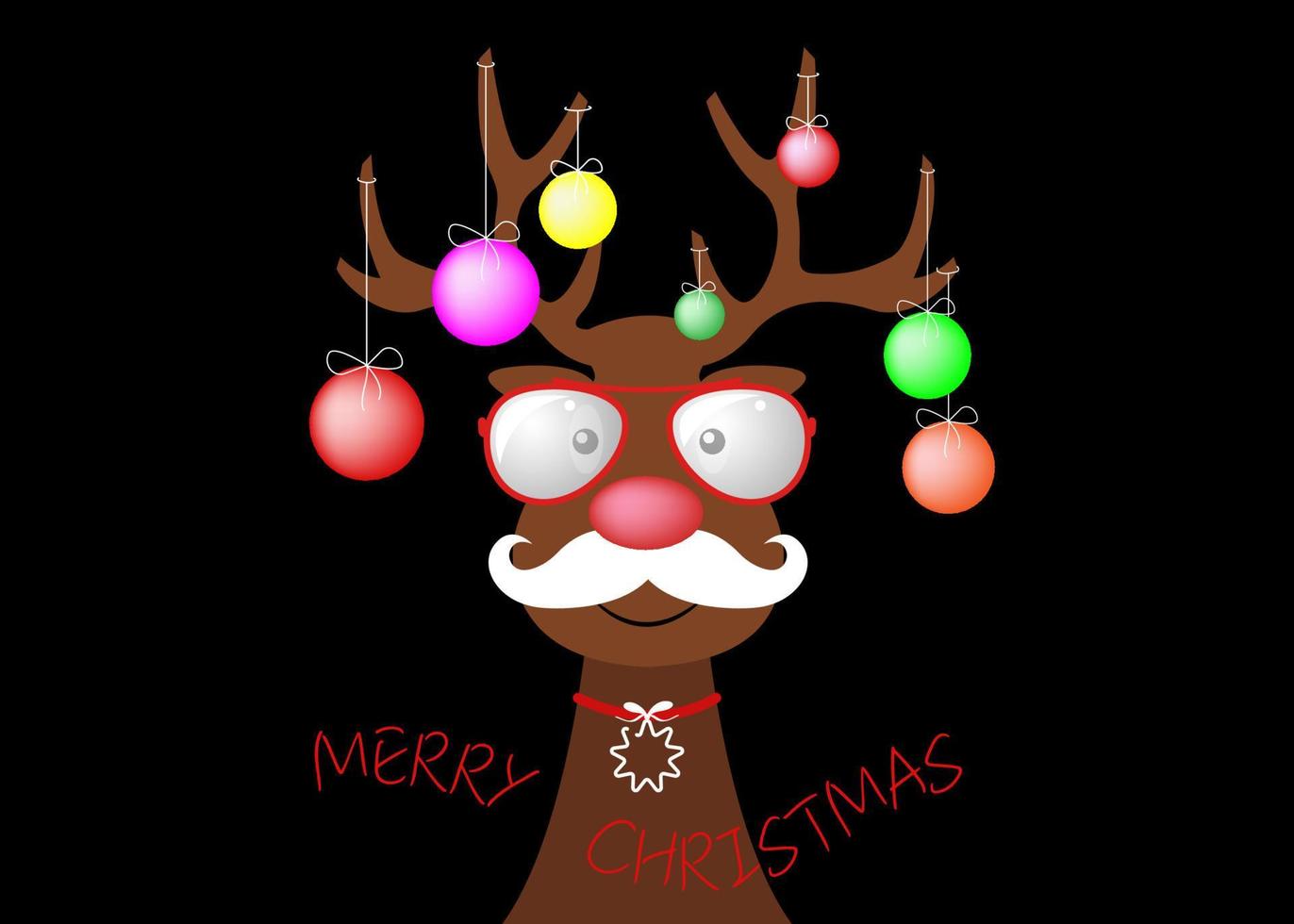 Festive Christmas hipster reindeer wearing Christmas tree with decorative colorful balls on his horns. Holiday theme for children, vector character flat design cartoon isolated on black background