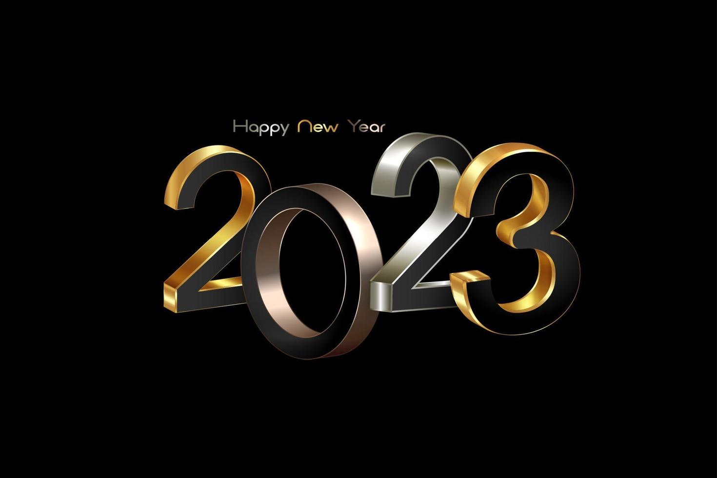 2023 golden, bronze and silver bold letters. New Year 3D logo for Holiday greeting card. Vector illustration isolated on black background, eve fashion luxury template