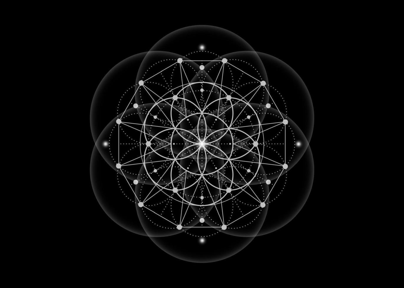 Sacred Geometry, Flower of Life, lotus flower mandala. White Neon vintage logo Symbol of Harmony and Balance, Glowing Geometrical Ornament, yoga relax, vector isolated on black background