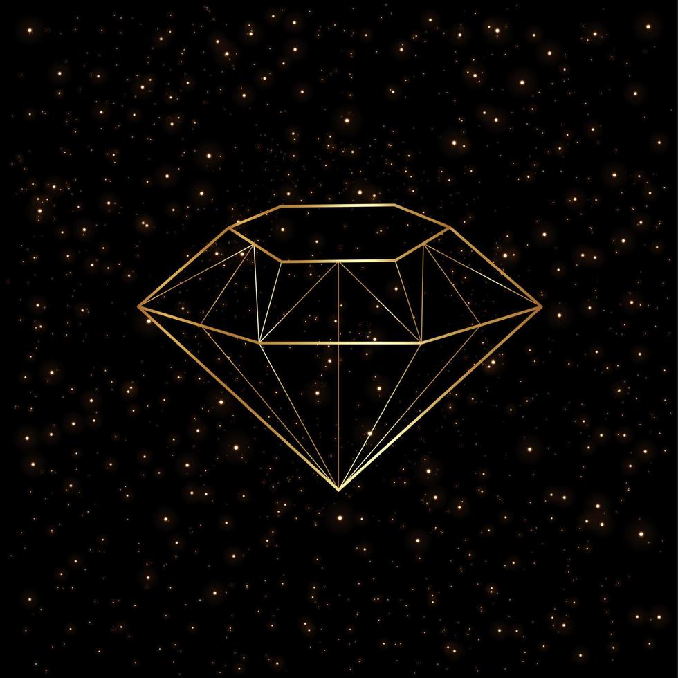 3d diamond shape gold logo, golden luxury icon in line art style on starry sky with black background, vector illustration