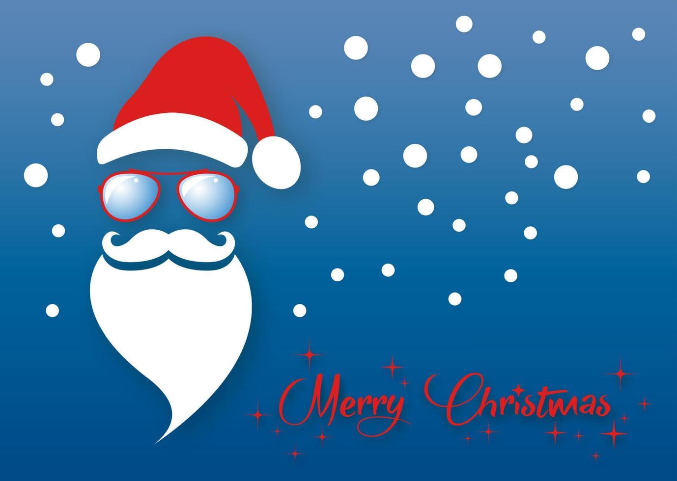 Santa Claus fashion hipster style icon. Santa hat, moustache and beard. Christmas text and red sunglasses, festive xmas party decoration in paper cut style, vector isolated on blue background