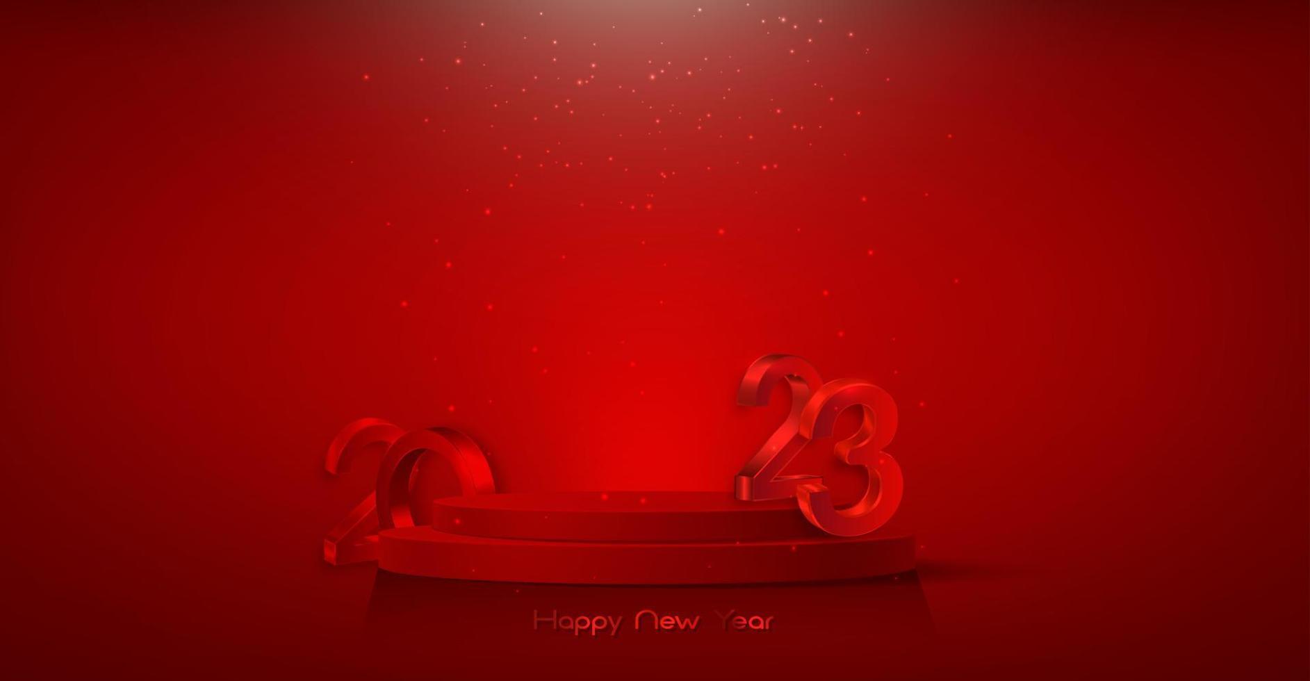 3D 2023 with podium banner, New Year party, red foil numerals, product display cylindrical shape, festive platform for the holidays. Vector luxury template isolated on red background