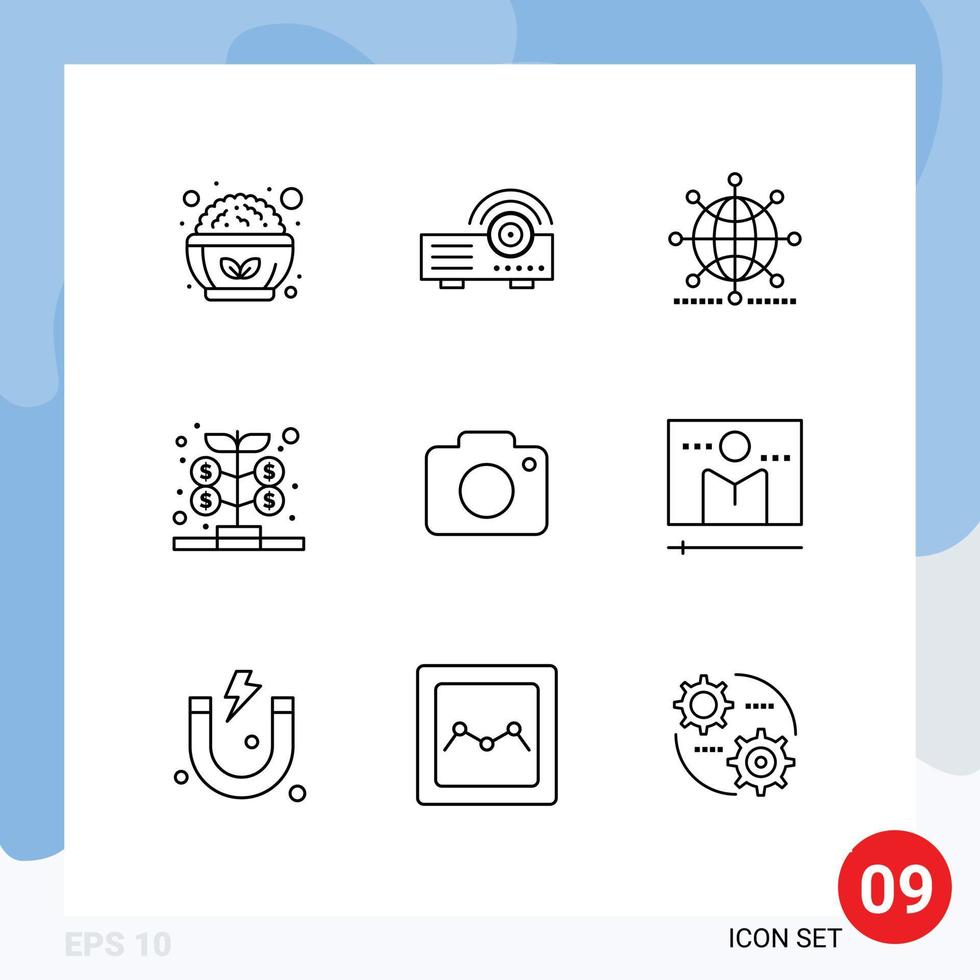 Set of 9 Commercial Outlines pack for twitter investment globe growth world Editable Vector Design Elements