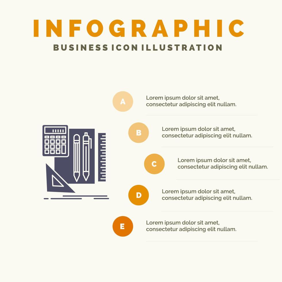 Stationary Book Calculator Pen Solid Icon Infographics 5 Steps Presentation Background vector