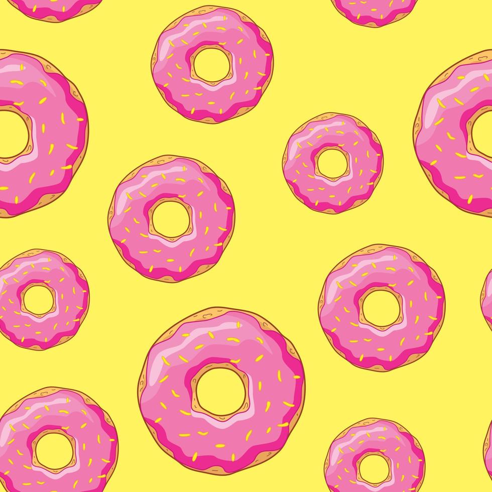 Seamless background with donuts with pink glaze on yellow background. vector