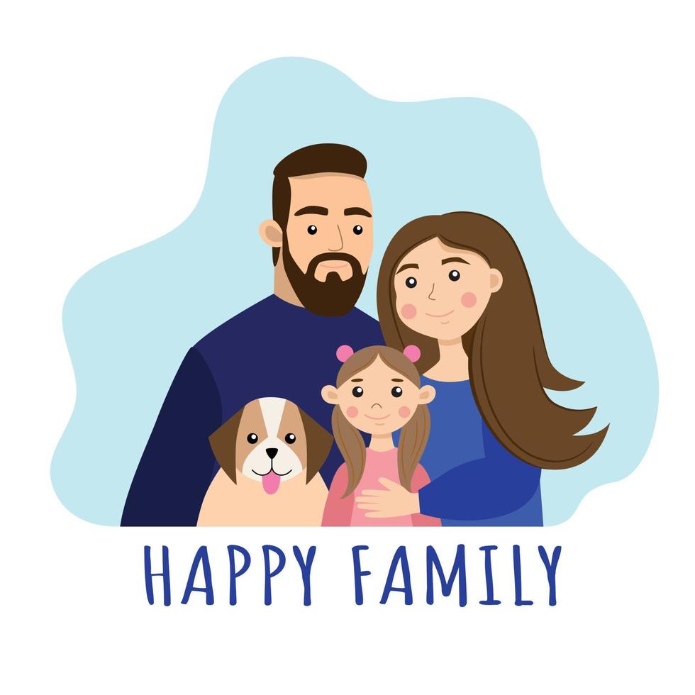 una familia feliz. mamá, papá, hija y perro. vector