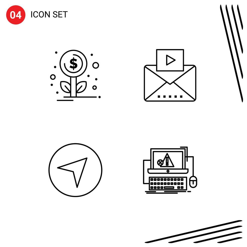 Mobile Interface Line Set of 4 Pictograms of financing pointer message video crash Editable Vector Design Elements