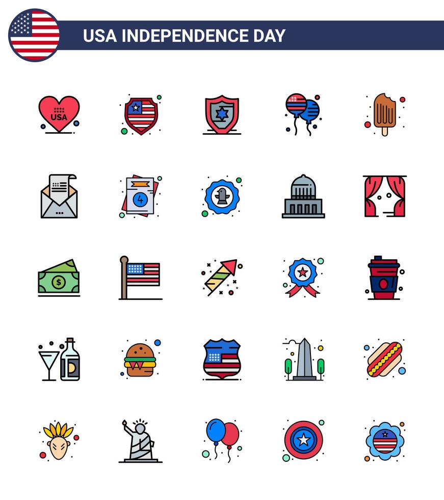 Editable Vector Flat Filled Line Pack of USA Day 25 Simple Flat Filled Lines of greeting email bloons ice cream cream Editable USA Day Vector Design Elements