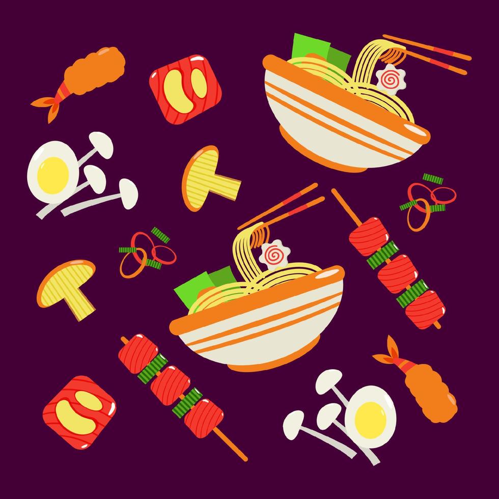 Japanese food. Ramen, barbecue and fried shrimp pattern vector
