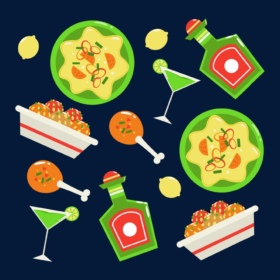 Mexican food. Meatballs, burrito and lemon drink pattern vector