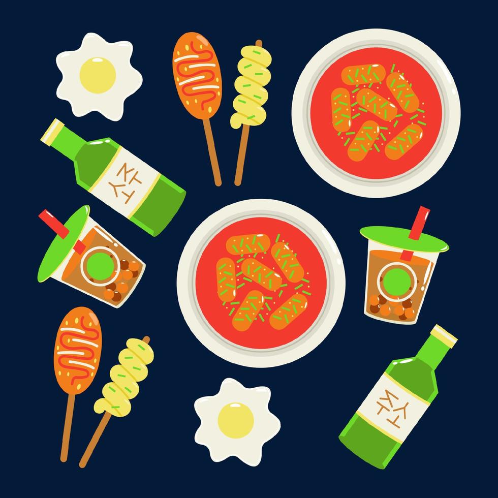 Korean street food. Brown rice cake soup, a bottle of rice wine, bubble tea and a mozzarella corn pattern vector