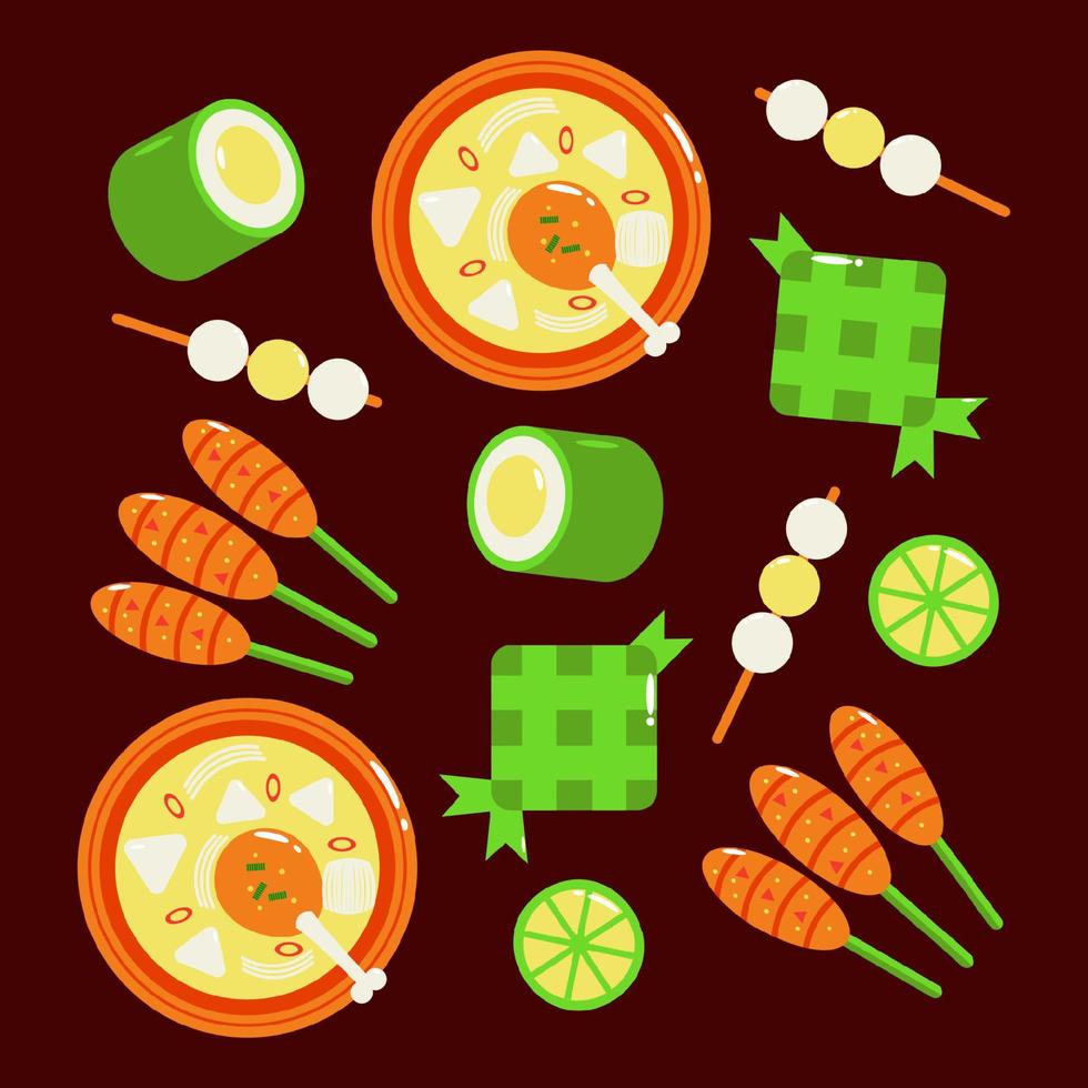 Indonesian food. Boiled rice cakes, satay rolls and chicken curry pattern vector