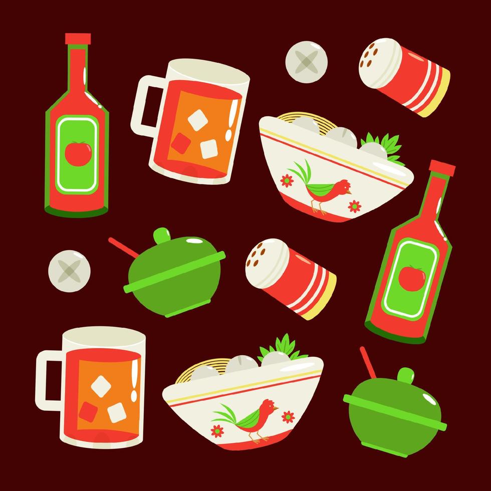 Indonesian food, meatball and sweet tea pattern vector